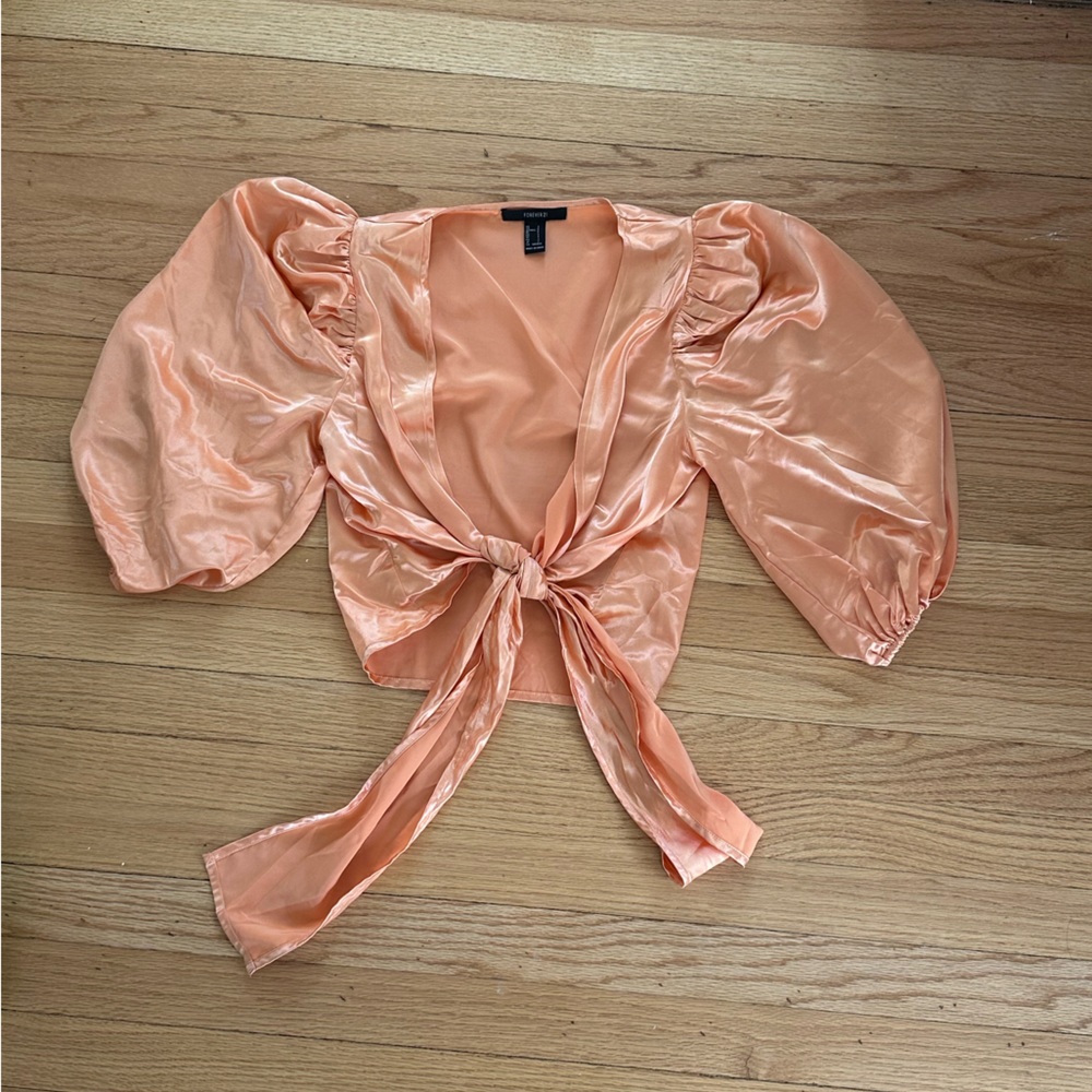 Forever 21 Orange Puff Sleeve Tie-Front Top